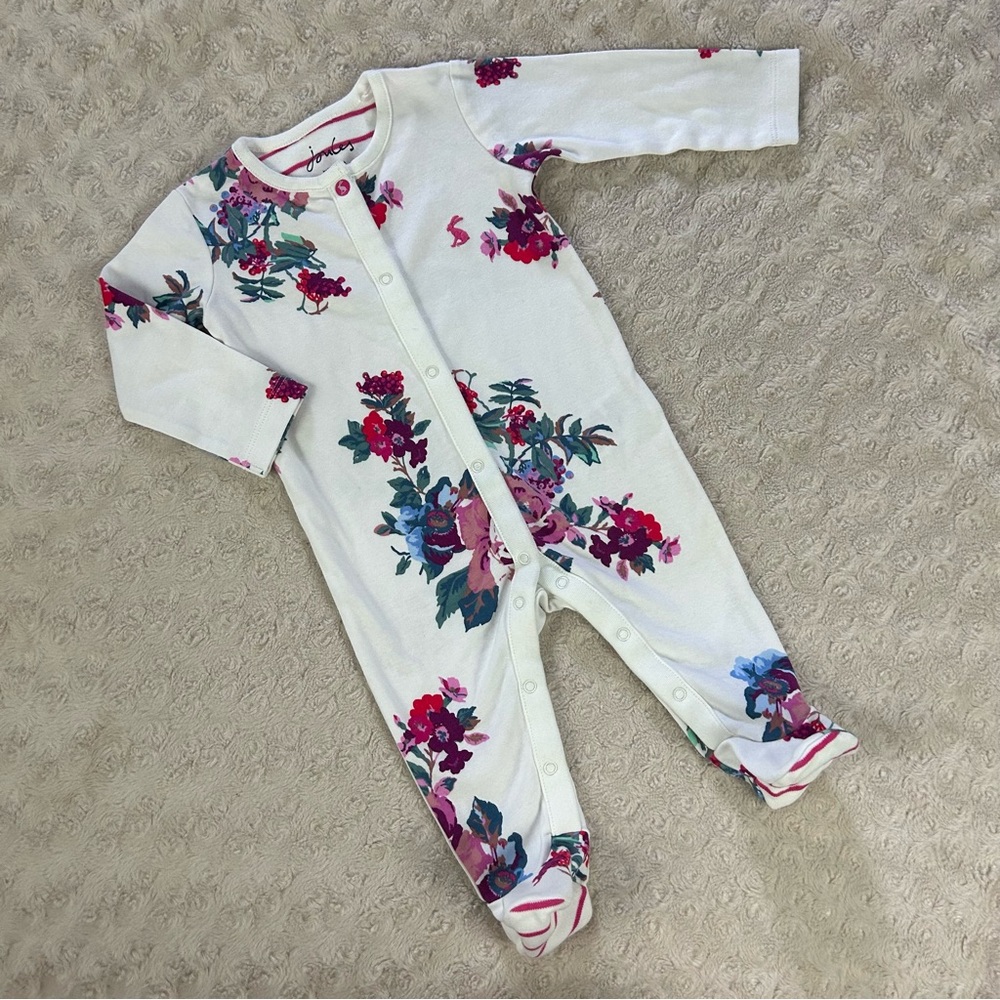 Joules Footed Sleeper Size 3-6 Months Baby Girl White Floral - Picture 1 of 6